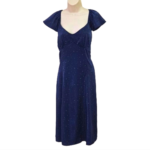 Lark + Grey Navy Blue/Brown Star Print Flutter Sleeve Midi Dress,Large - Picture 13 of 16